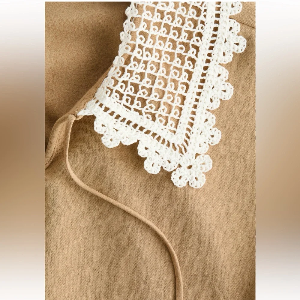H&M Beige Sweatshirt with Crochet/ Lace Collar NWT_7